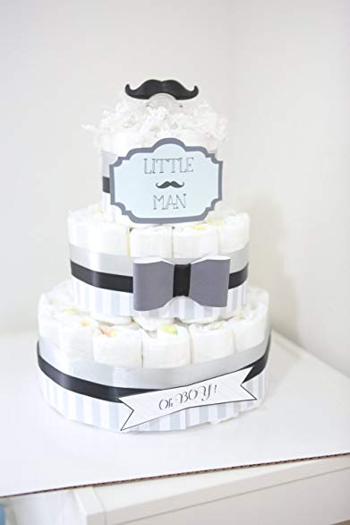 3Tier - Little Man Mustache Diaper Cake / Baby Shower Centerpiece / baby shower gift / bow black gray / Baby Room Decoration / unique