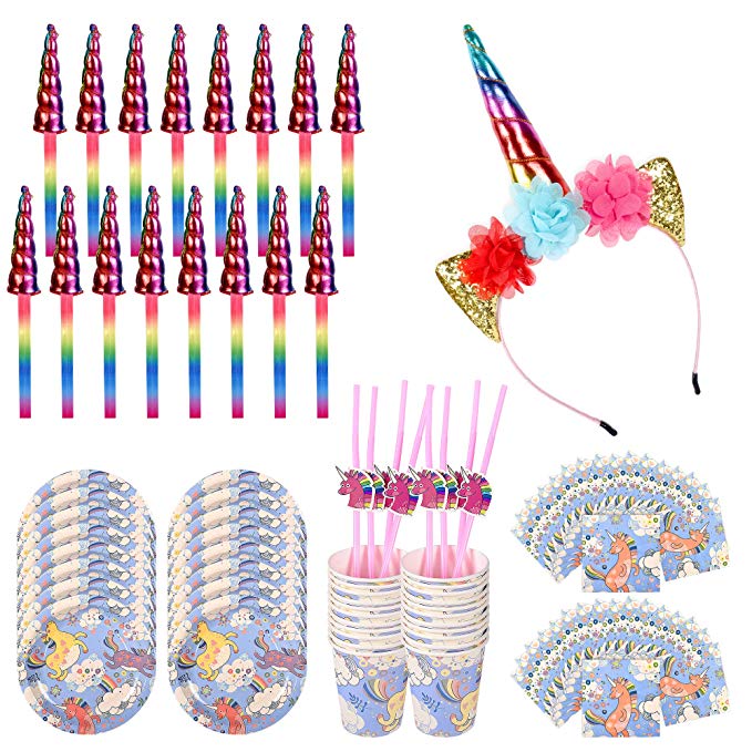 Rainbow Unicorn Party Unicorn Party Supplies- 65 piece set - Serves 16 Plate, Cup, Napkin, Unicorn Straws, Headband