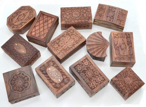 Assort Handmade Wood Carved Boxes Wicca Pagan 12 Pcs