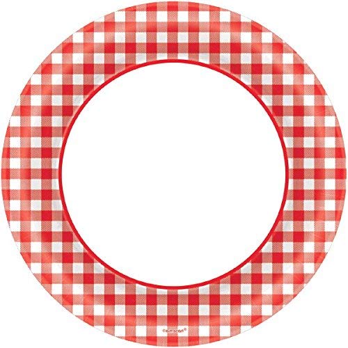 Amscan Disposable Classic Picnic Red Gingham Border Round Plates Party Tableware, Paper, 8