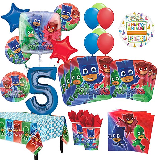 Mayflower Products PJ Masks 5th Birthday Party Supplies 16 Guest Kit and Balloon Bouquet Decorations 96pc