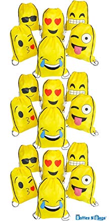 Emoji Drawstring 16 x 13 Inch Backpack Bags with Assorted Emoticons Perfect for Goody Bags, Party Favors & Back to School Supplies