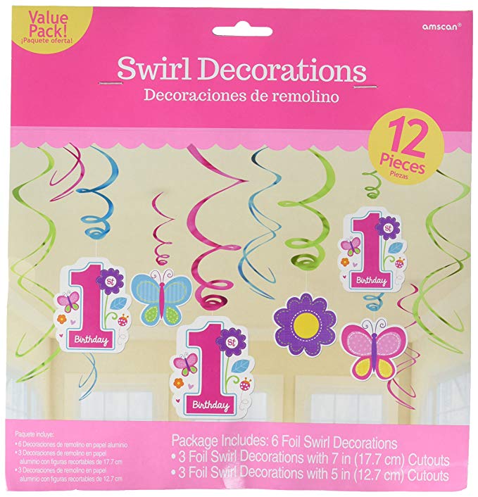 Amscan Sweet Girl 1st Birthday Value Pack Foil Swirl Decorations Party Supplies (144 Piece), Multicolor, 7 inch