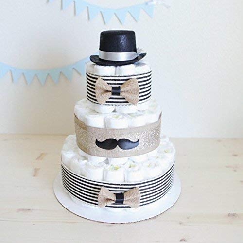 3 Tier Gentleman Mustache Diaper Cake for Baby Boy / Little Man Baby Shower Centerpiece Decoration Unique Gift / Black hat gentle man / Nursery Decor Bowtie