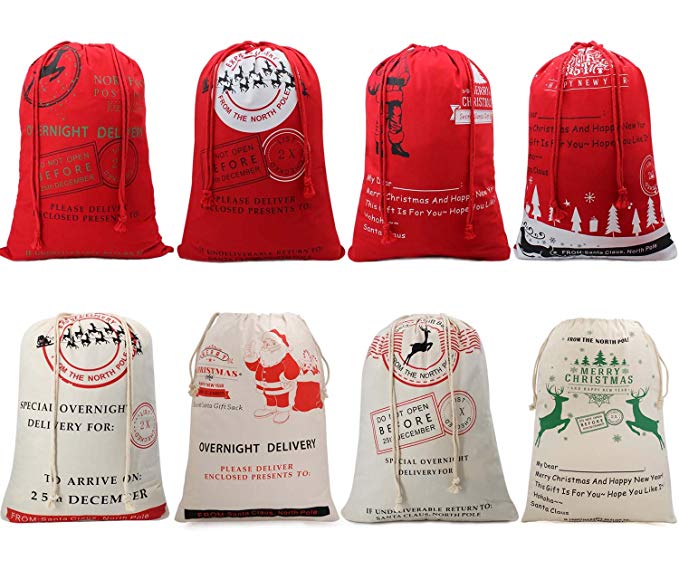 TOPOKO Christmas Gift Presents Canvas Sacks Bags For Kids Santa Claus Costume Burlap Drawstring Bags (8 pack-Random Pattern)