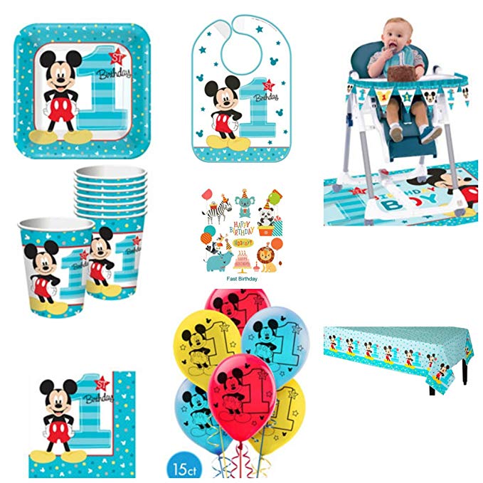 1st Birthday Mickey Mouse Party Supplies Pack Including Plates, Cups, Napkins, Table Cover, High Chair Kit, Bib and Balloons for 16 Guests Mickey Fun to be One!