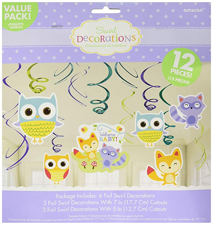 Amscan Cuddly Woodl& Welcome Baby Shower Hanging Swirl Ceiling Paper 7