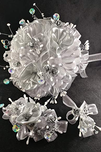 15th Quinceañera / Wedding Silver With Rhinestones Large Bouquet Set And Corsage, Ramo Para Quinceañera. 15 Anos o Boda