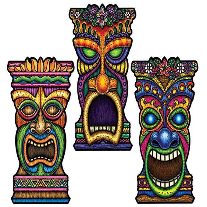 Club Pack of 24 Multi-Colored Tiki Head Cutout Party Decorations 22