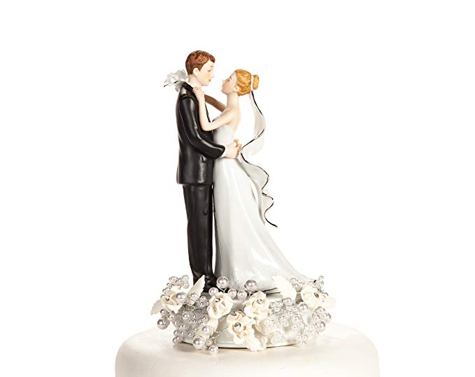 White and Silver Vintage Rose Pearl Wedding Cake Topper: Base Color: Ivory with Gold Wiring